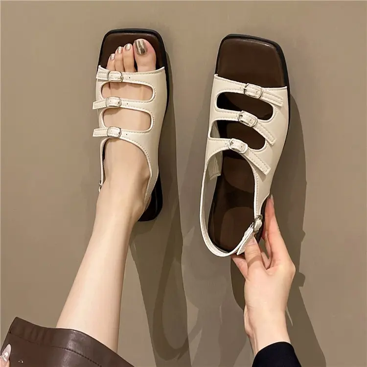 Luxury Sandals Women Designers ladies Modern Sandals New Square Toe Shoes Women Hallow Party Shoe Buckle Strap Low-heel Sandals