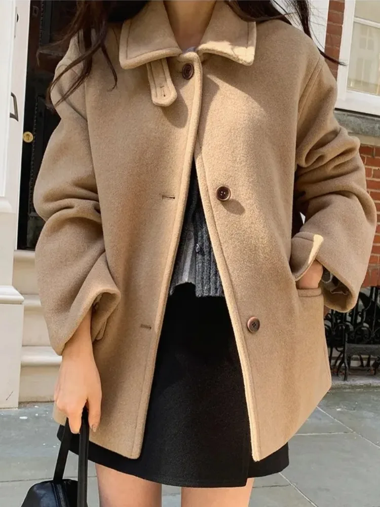 

Шикарное зимнее винтажное шерстяное пальто Briti Sle на одной пуговице, свободное пальто для женщин, простое цветное пальто с отложным воротником