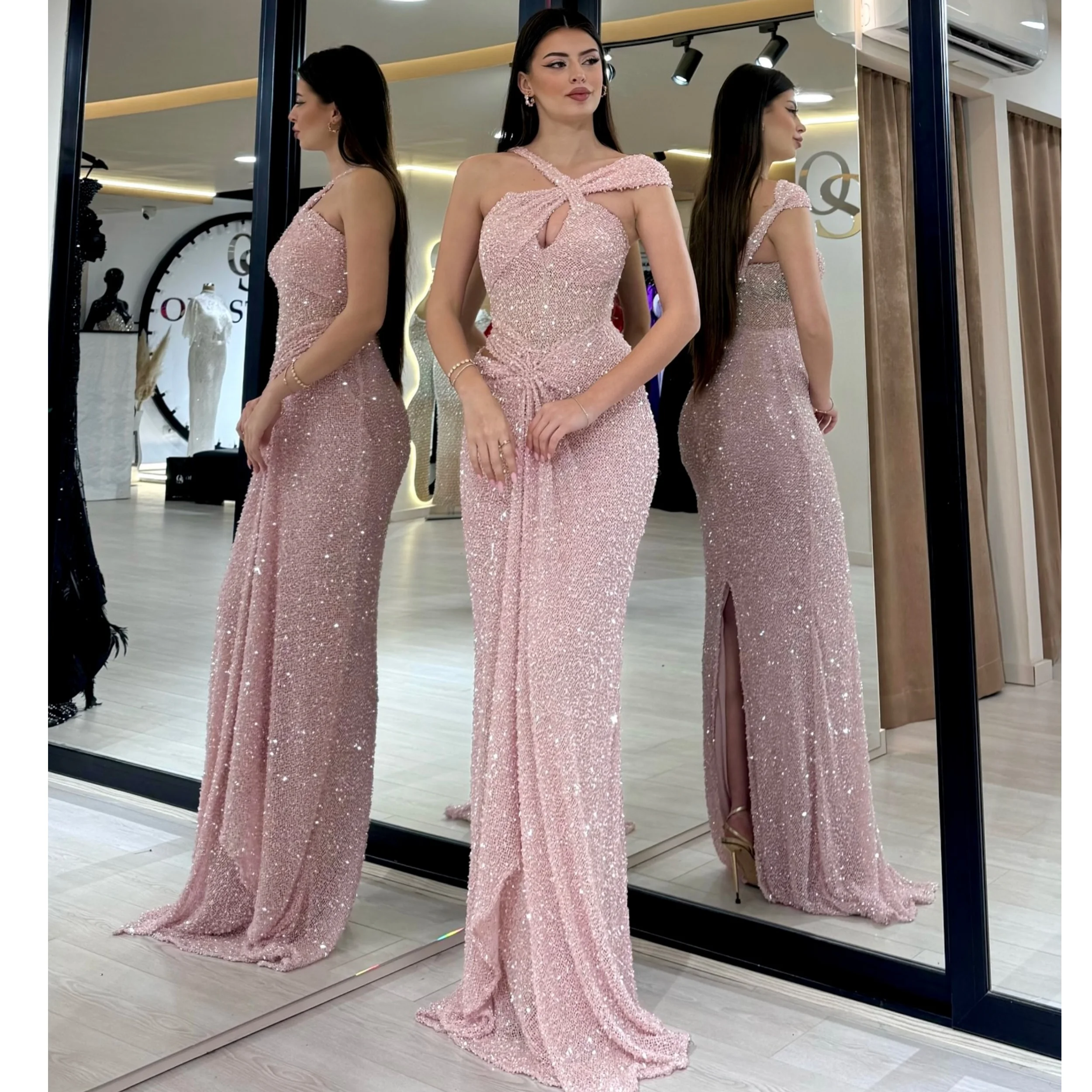 

Illusion Pink Mermaid Evening Dresses 2025 Women Shiny Vestidos de Gala Sequines Ruffles Beading Prom Party Gowns Customized