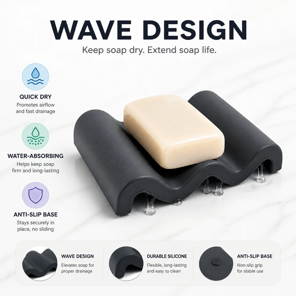 New Marble Pattern Soap Dish Wave Shaped Silicone Soap Holder Water Absorbing Anti Slip Soap Tray Kitchen Countertop