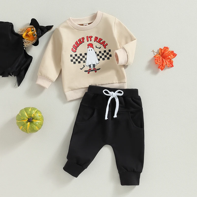 Spooky Halloween Toddler Boy Costume Set with Pumpkin Print Hoodie and Jogger Pants for Fall Trick-or-Treating Fun