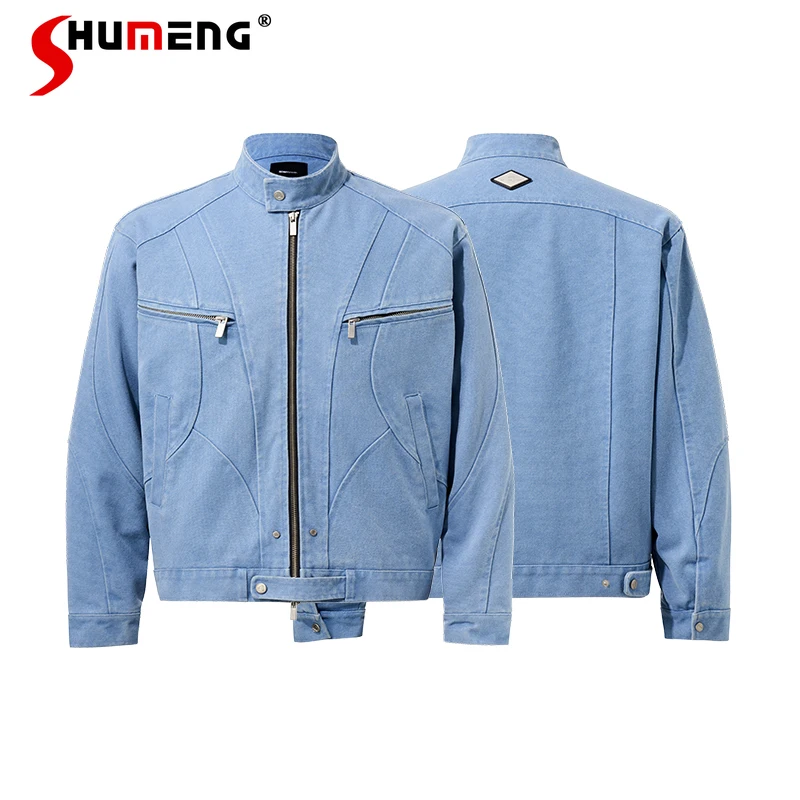 

Мужские осенние куртки 2023, новые уличные куртки в американском стиле в стиле ретро, мужские однотонные пальто с воротником-стойкой и длинными рукавами на молнии