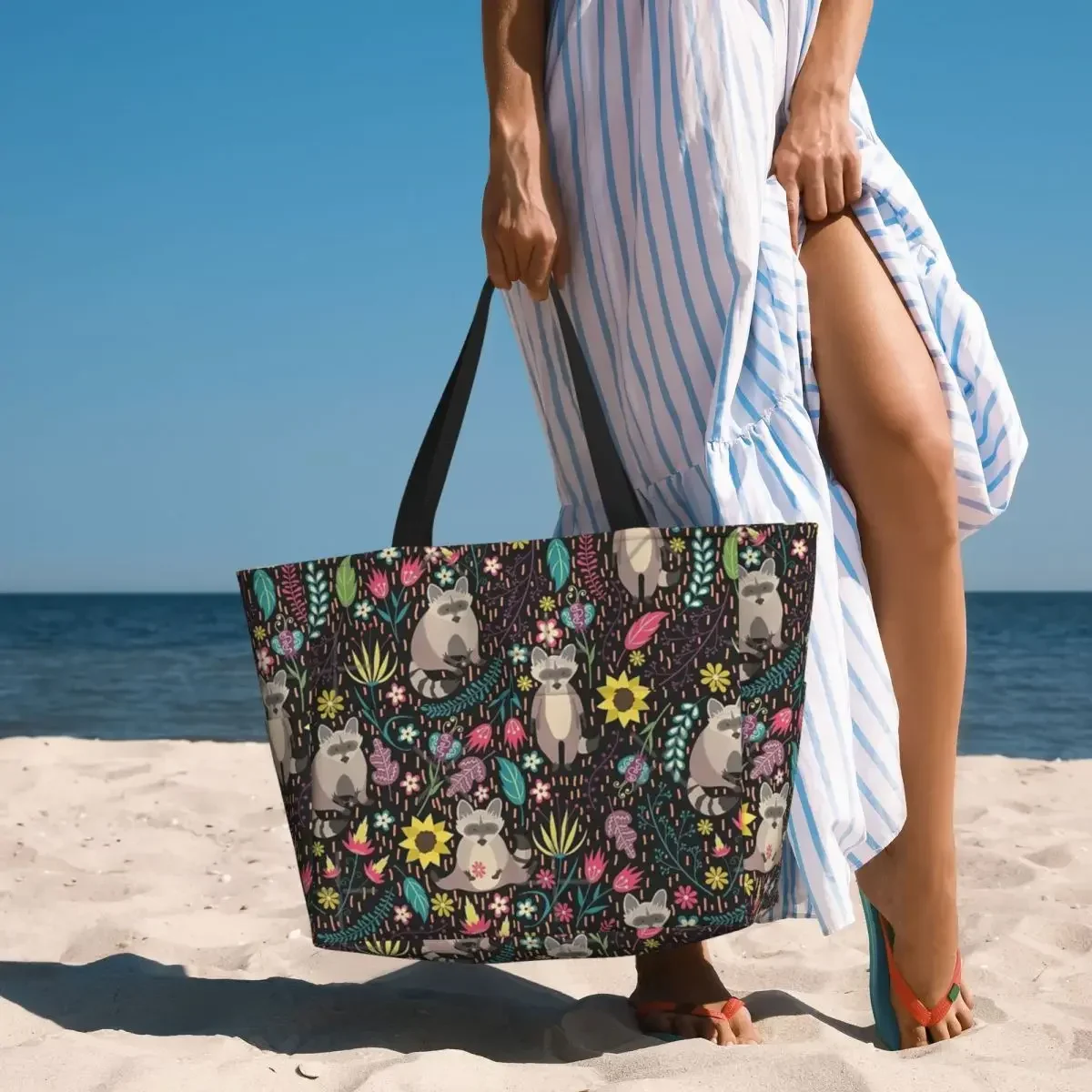 Raccoons bolsa de viaje de playa con patrón brillante, bolso de mano, compras de moda, viaje, regalo de cumpleaños, patrón multiestilo