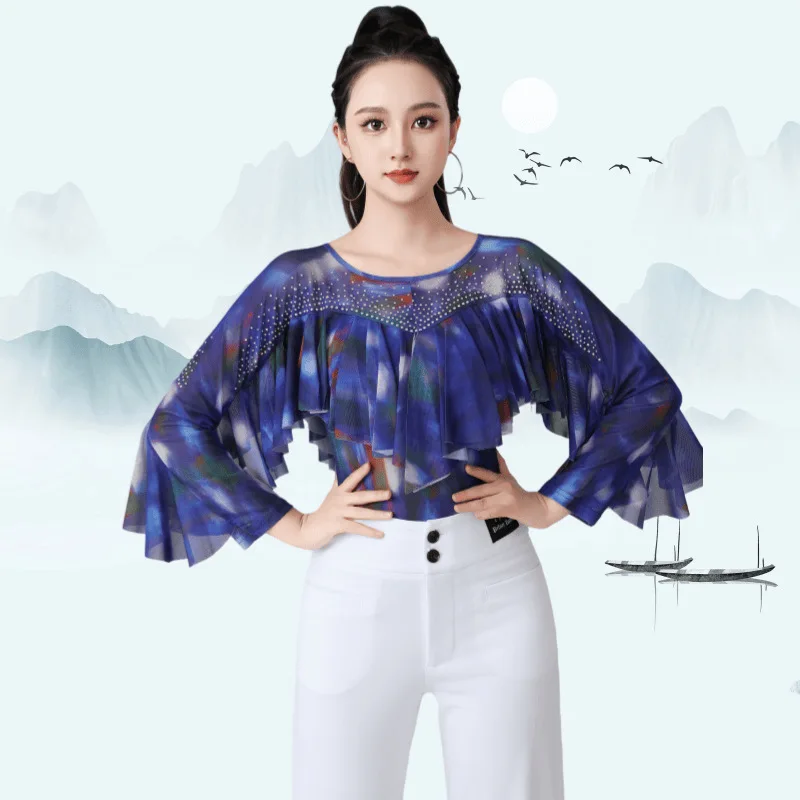 

Ruffle Ballroom Rhinestone Studded Modern Dance Women Samba Latin Dance Tops Party Dresses Training Performance Sexy Dance Wear