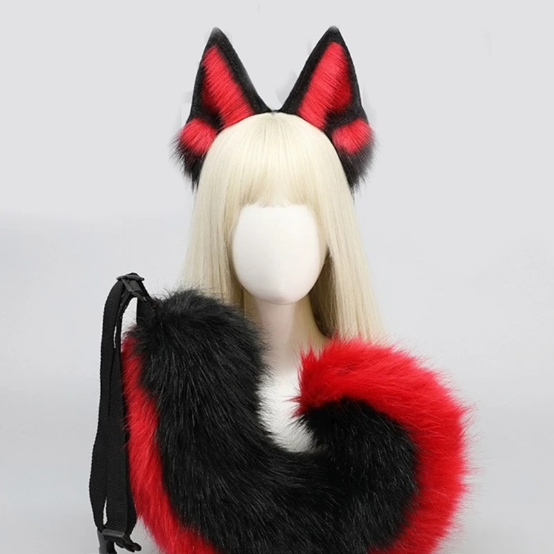 Foxes Tail Adjustable Belt Plush Animal Tail Foxes Ears Headband Halloween Costume Accessories for Adult Woman Man