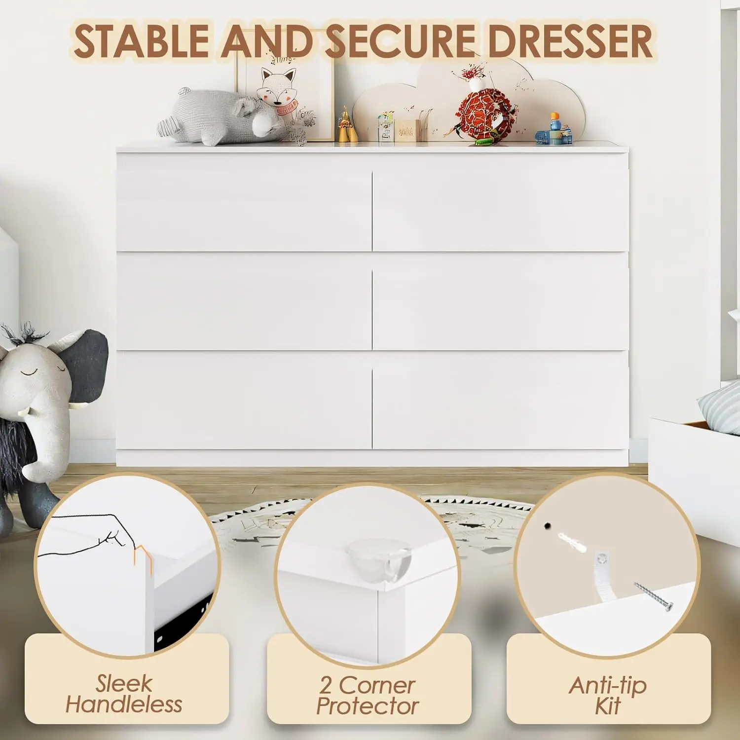 White Wood Dresser for Bedroom, Living Room & Entryway with 6 Wide Drawers for Clothes Storage, Multi-Functional view 5