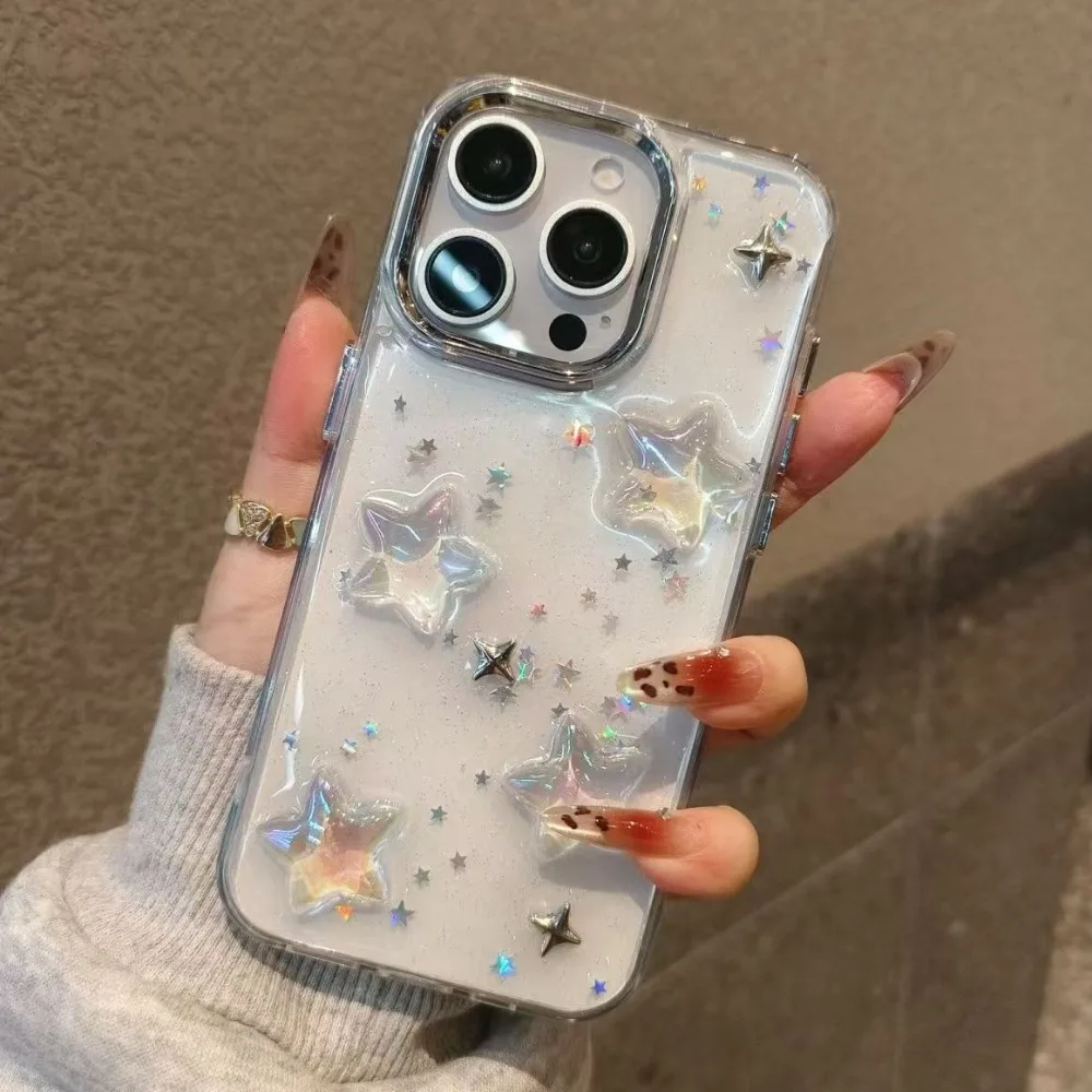 

Korean Sequins Epoxy Acrylic Stars Clear Plating Lens Protective Phone Case For iPhone 16 15 14 13 12 11 Pro Max Stylish Cover