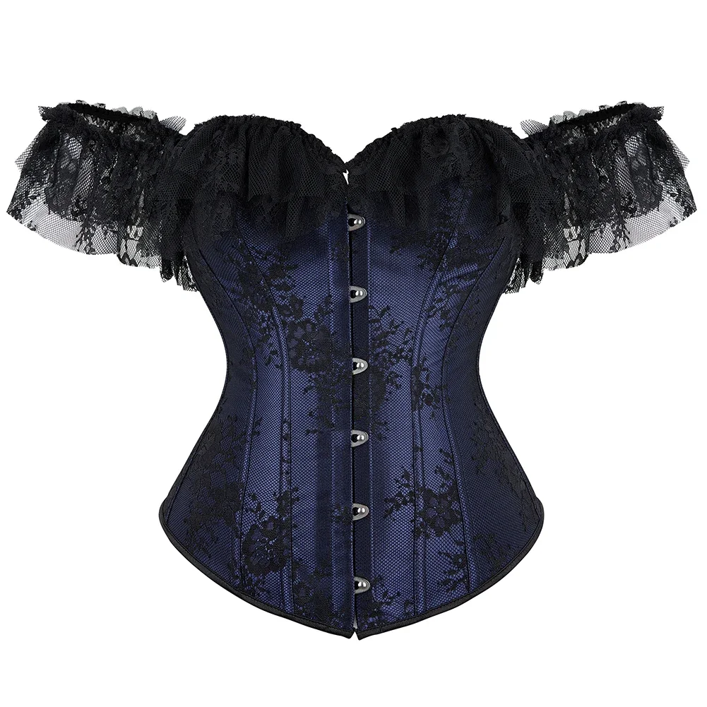 Women Vintage Floral Overbust Corset Sexy Lace Short Sleeves Off Shoulder Gothic Bustier Tops Plus Size Body Shaper Corselet