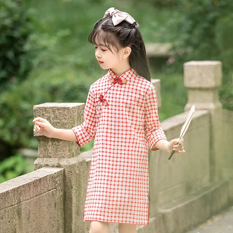 Summer Qipao for Girls New Kids Floral Mini Dress 1-10 Years Teenager Chinese Style Cheongsam Traditional Ethnic Costumes