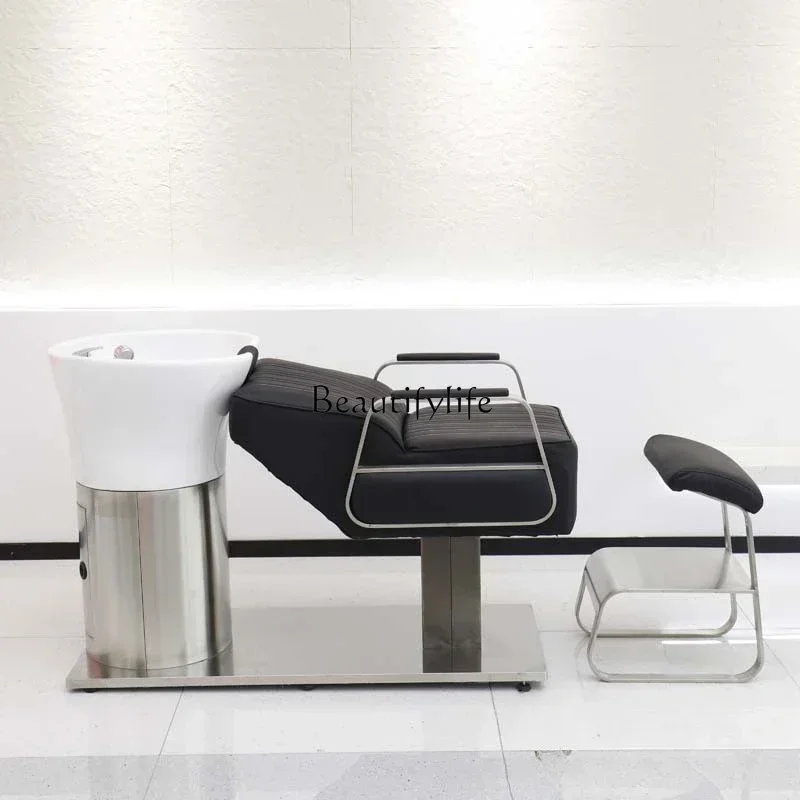 New Barber Shop Lying Half Flushing Bed Stainless Steel Ceramic Deep Basin Hairdressing Shampoo Chair