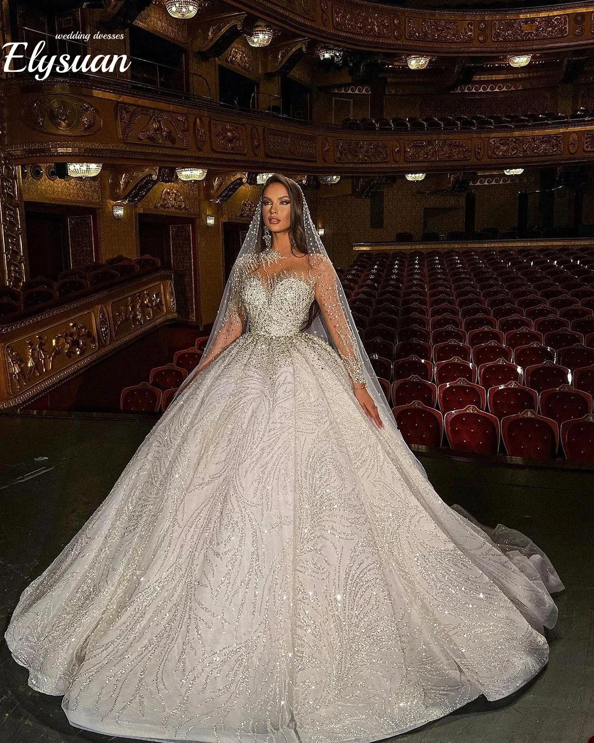 Maßgeschneiderte Luxus Brautkleider Ballkleid O-Ausschnitt Pailletten Kristalle Lange Ärmel Lace-Up Brautkleider Vestidos De Novia