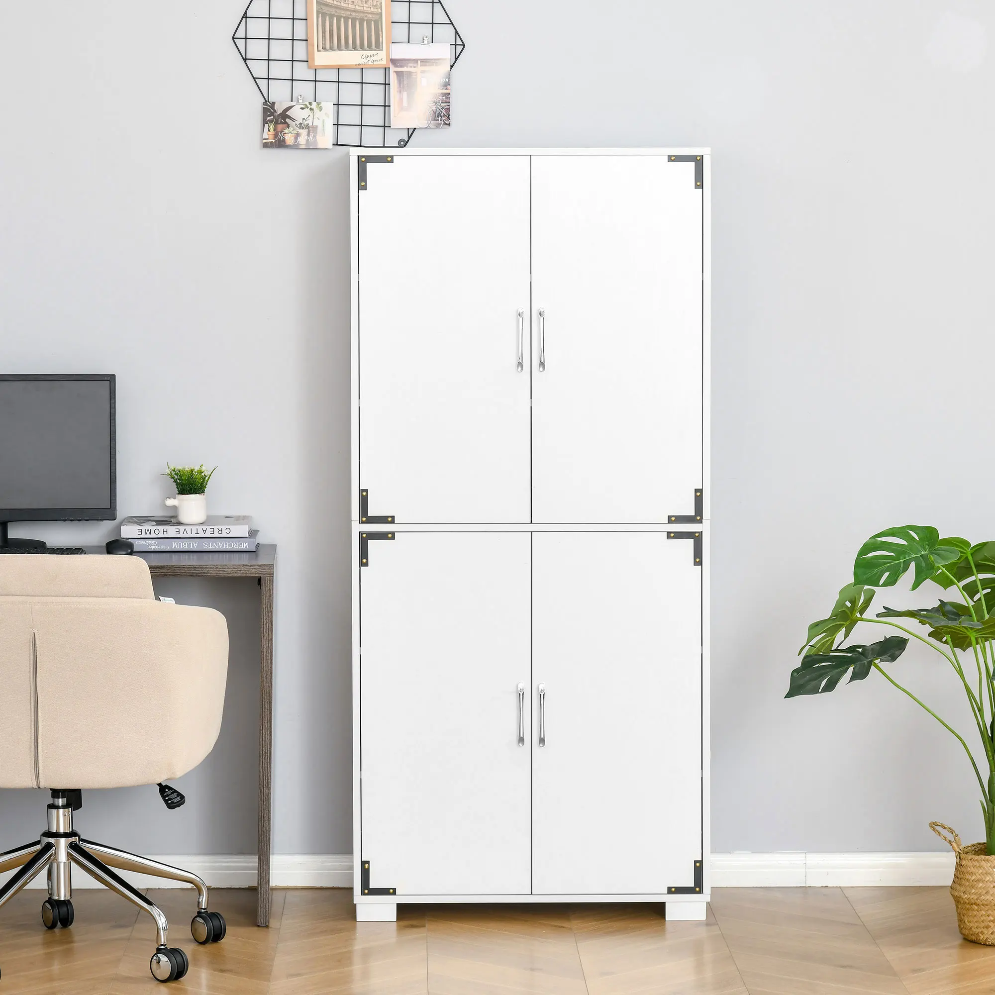 Industrial Style 4-Door Pantry Cabinet Organizer W/ Storage Shelves, White