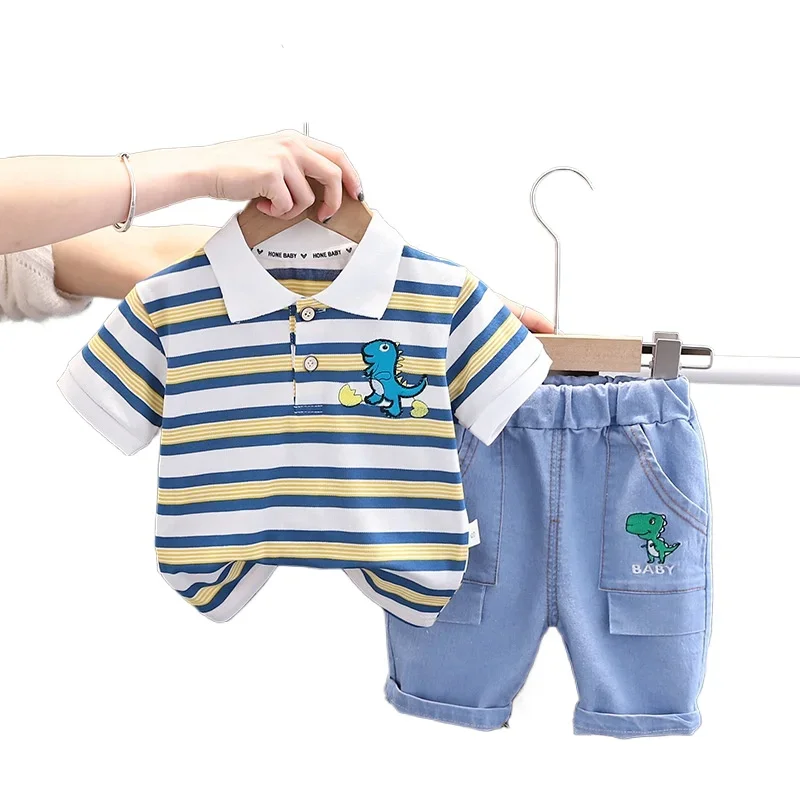 Children Boys Clothing Kids Cartoon Dinosaur Strips T-Shirt Shorts 2Pcs/Set Toddler Sport Suits  Cotton Tracksuits Outwear