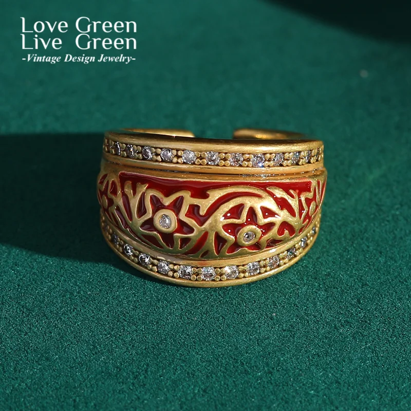

Регулируемые винтажные кольца с красной эмалью, золотые стразы, женские обручальные украшения, тренд 2025 года, роскошная антикварная резьба по звездам