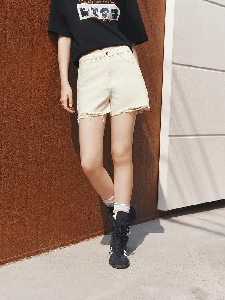 

Semir Women's A-Line ort Jeans Summer Waed out Distred Frayed Straight Leg Pants Cotton l Waist Zipper Closure