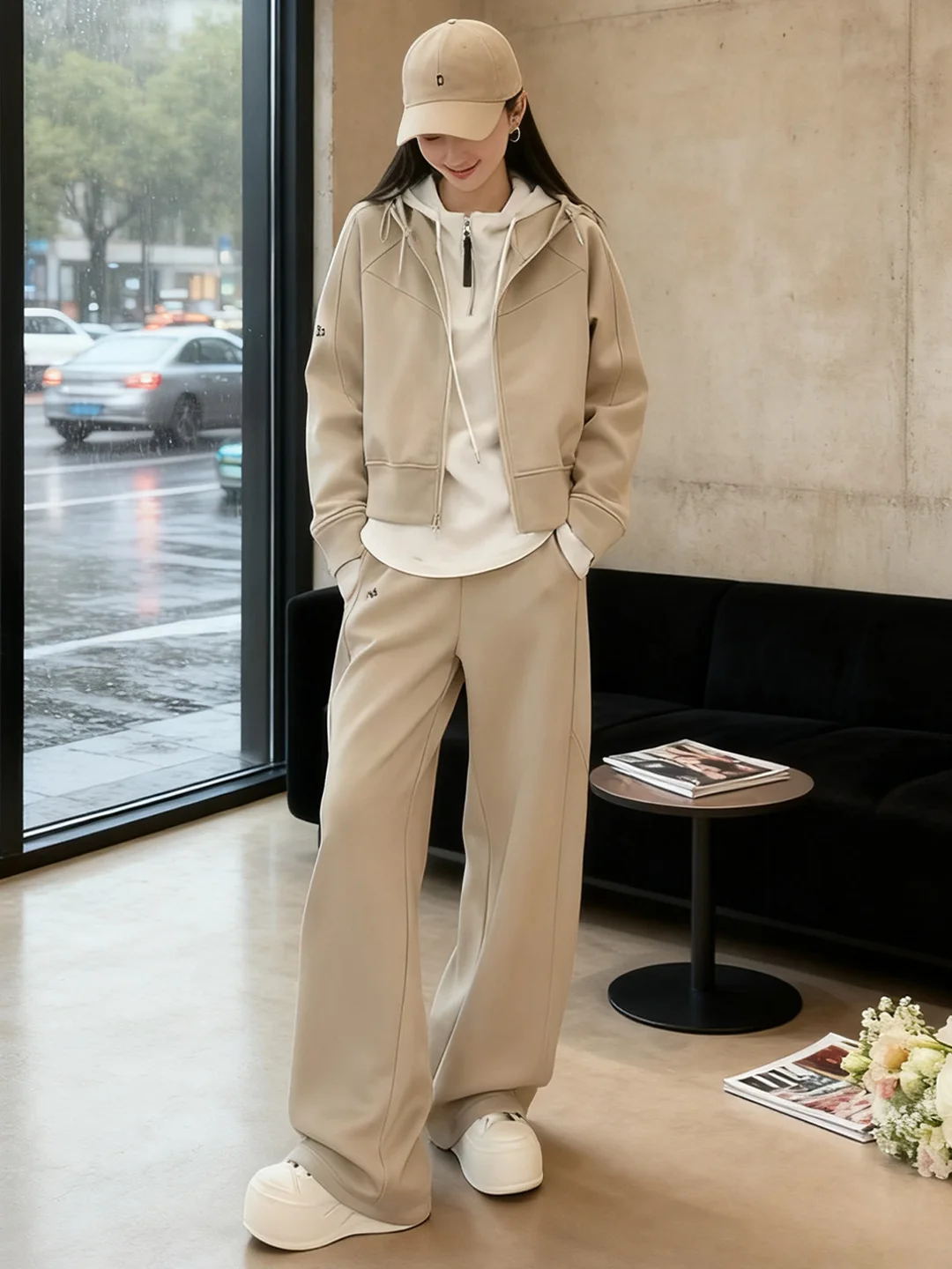 

Casual High Waist Wide Leg Pants Hoodie Cardigan Set Women's Spring New Style Long Sleeve Two-Piece Suit European Brand