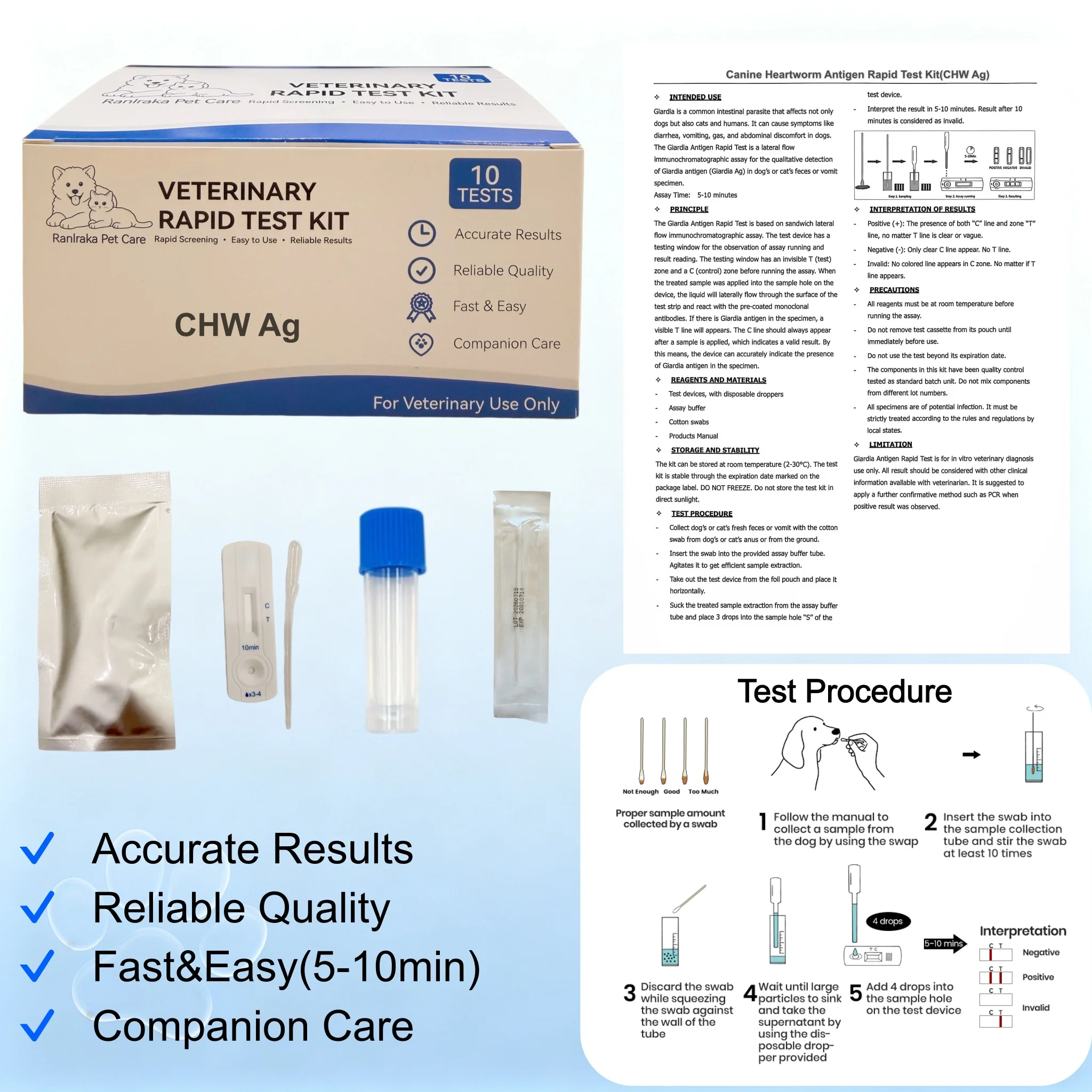10Pcs Dog Parvovirus Distemper Heartworm Rapid Test Kit Canine CDV CPV CCV CHW Antigen Colloidal Gold Test for Vet Clinic