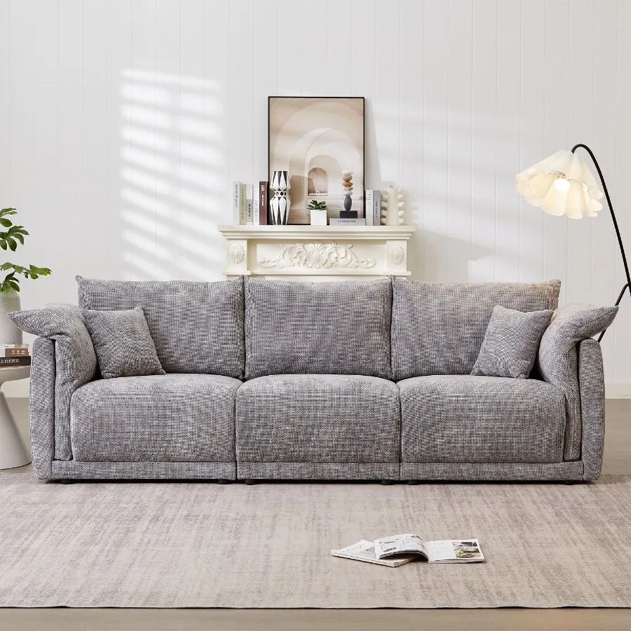 

98.5 3seater sofa with unique design and soft arm pillows Contemporary style linen sofa with 3 comfortable cushions with 2 pill