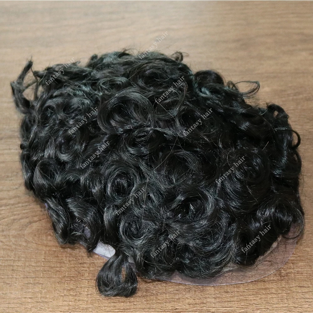 Full Skin PU Base 20mm Curly Human Hair Toupee for Men Natural Hairline Male Hair Capillary Prosthesis Replacement System Unit