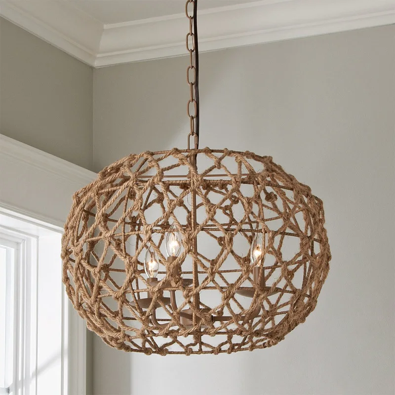 

Bohemian hemp rope woven chandelier, creative bedroom study main light dining room art lighting designer soft decoration