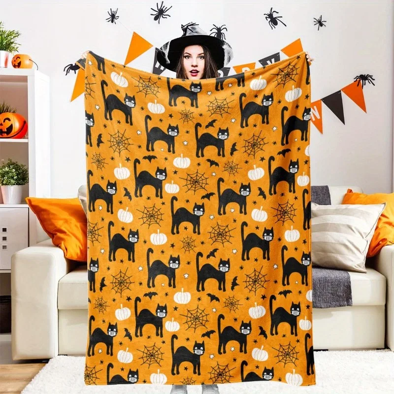 1 Halloween-Decke – mit schwarzer Katze, Kürbisschläger – weiche und bequeme Ganzjahres-Bettdecke, geeignet für Sofas und Camping