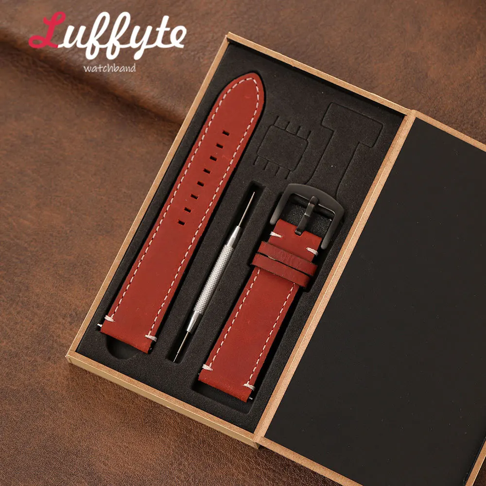 Men Double Sided Crazy Horse Leather Wristband 18 20 22 24mm with Gift Box Vintage Quick Release Strap Watch Accessories