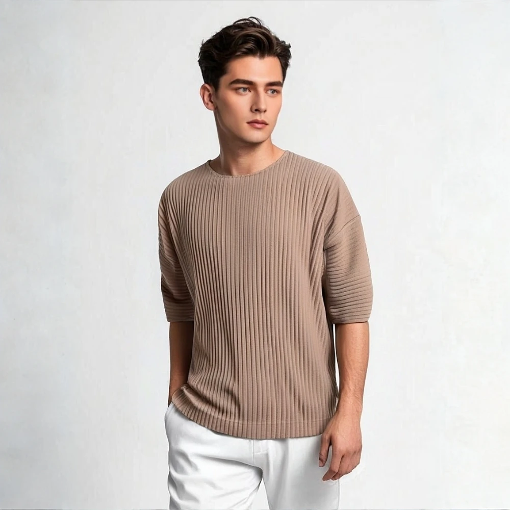 

Miyake Pleated Men's Pleated Short Sleeved Shirt Loose Casual Five Quarter Sleeve Solid Color Spring and Summer T-shirt Japanese