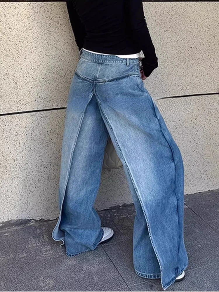 Jeans blu americani Oversize per le donne 2024 primavera nuovi pantaloni in Denim finto a due pezzi Y2k E-Girl a vita alta gamba larga allentata