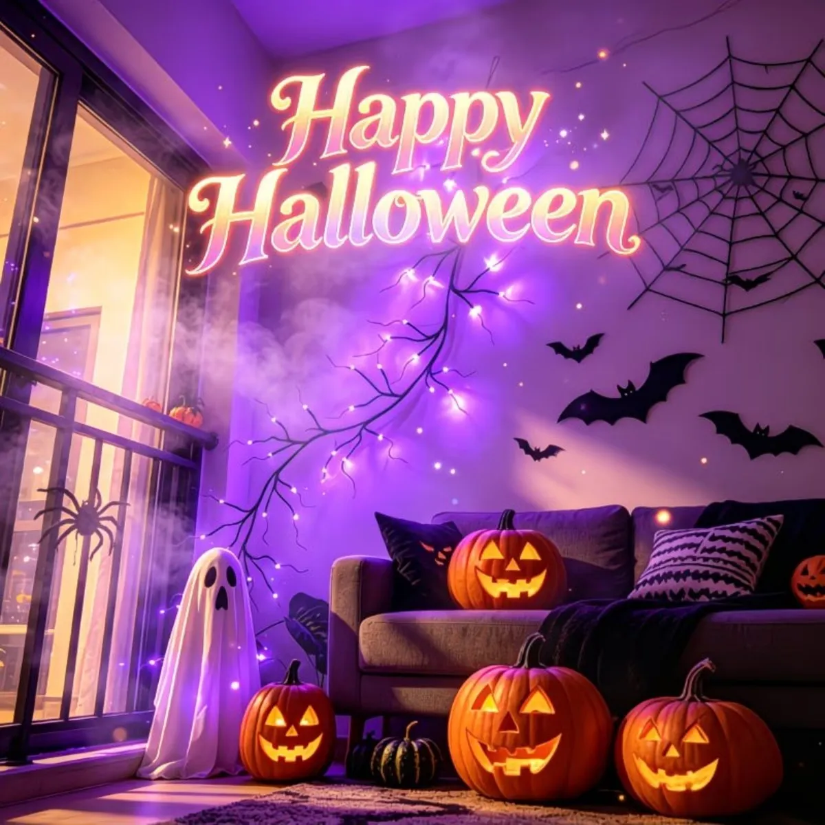 1pc Halloween Horrible Purple 54 LED DIY Rattan Lights Hanging Flexible Spooky Lamp Battery Powered For Garden Home Yard Decor