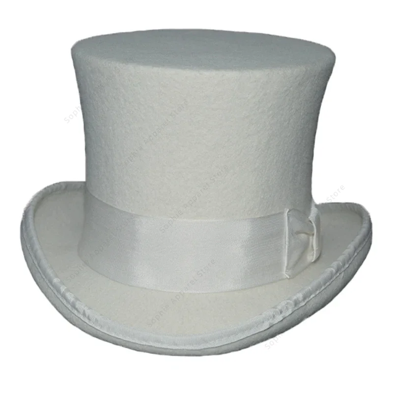 White Wool Felt 18cm High Top Hat Chimney Pot Stovepipe Hats Cylinder for Men Women Wedding Topper Stage Magic Costumes