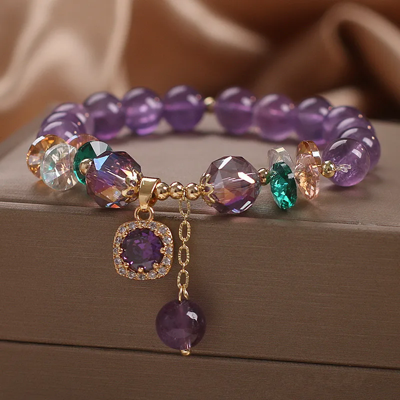 Natural Amethyst Bracelet Women\'s Zirconia Love Pendant Beads Vintage Strand Bracelets Sister Student Festival Jewelry Gift