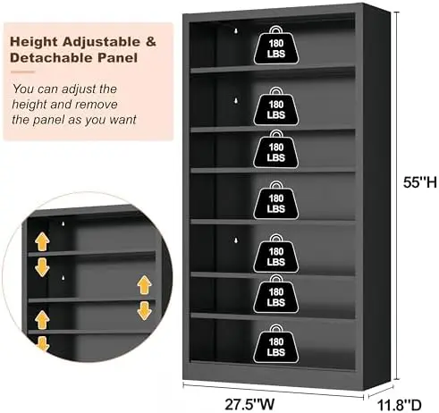 55" Media Storage Cabinet, Metal CD Storage Rack with 6 Adjustable Shelves, Large DVD Storage Shelf Rack for Living view 2