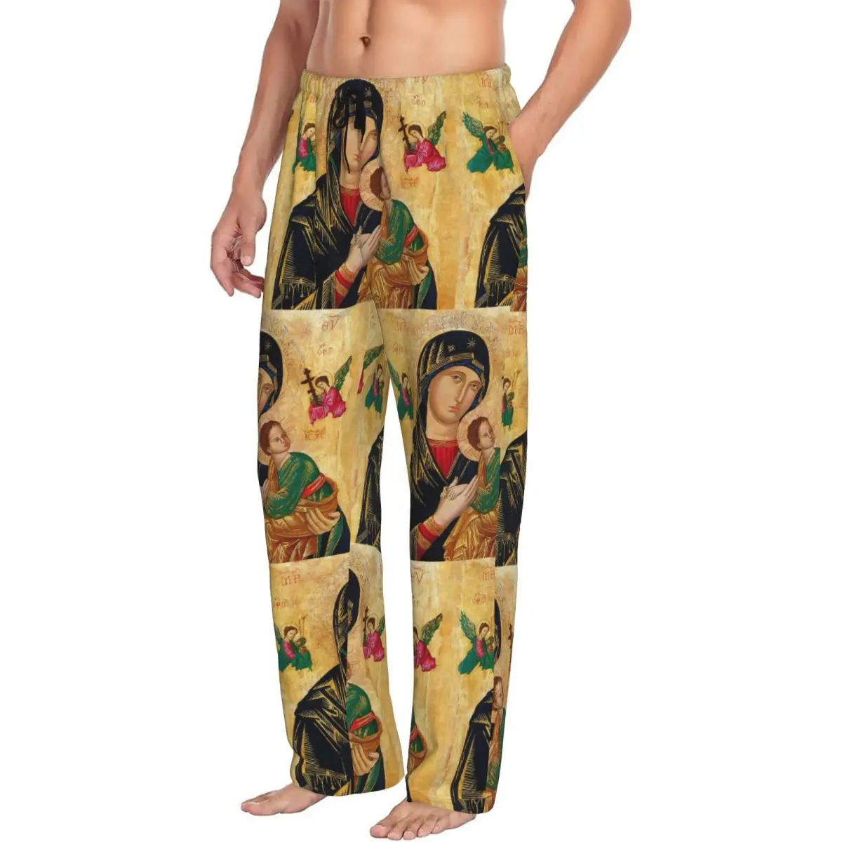 Custom Our Lady Of Perpetual Help Pajama Pants for Catholic Virgin Mary Lounge Sleep Drawstring Sleepwear Bottoms with Pockets