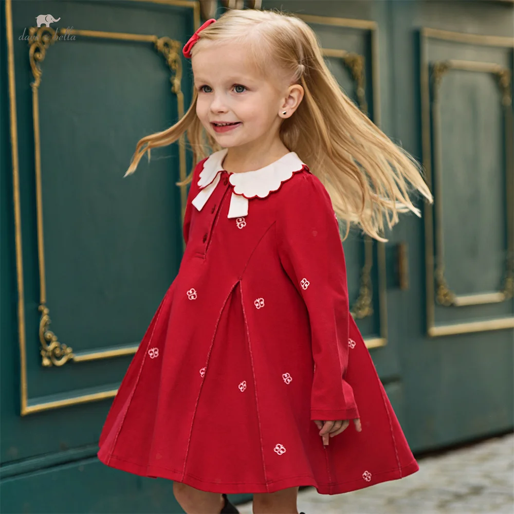 Dave Bella Elegant Dress For Girls Spring Children Princess Dresses Red Polo Skirt Outdoor College Style Kids Clothing DB1260907
