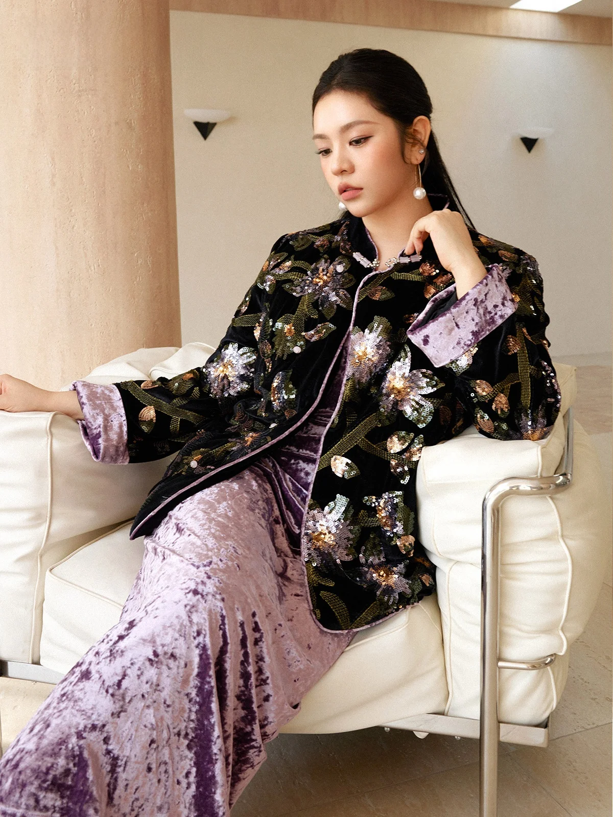 

Plusmall Purple Jade e 90 White Du down Heavy Embroidery Bead Embroidered down Jaet Velvet Strap Dr Set