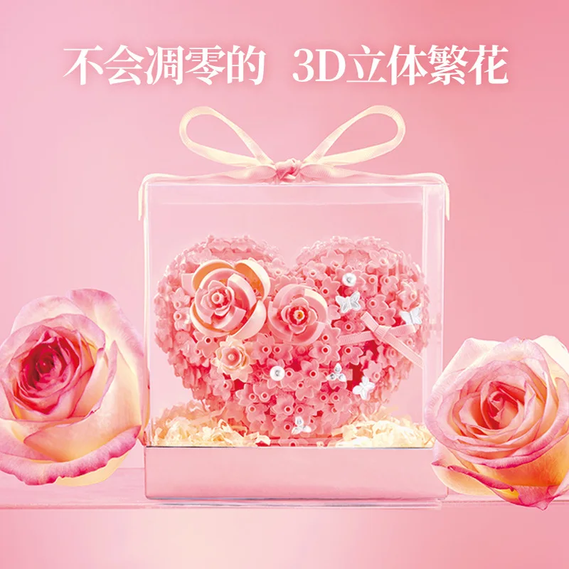 

Heart Shape Flower Building Block Toy Pink Eternal Bouquet Rose Blossoms DIY Assembly Bricks Home Decoration Toy for Girls Woman