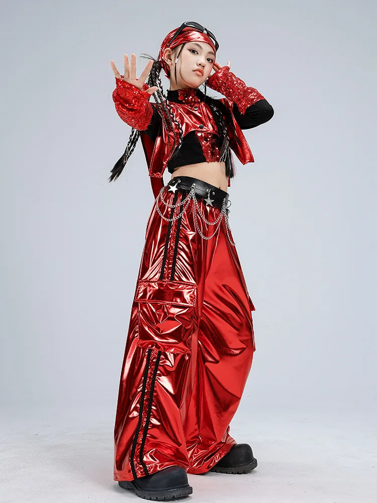 Kids Hip Hop Dance Outfit Red Shawl Crop Top And Shiny Cargo Pants Set Girls K-pop Jazz Streetwear Clothes Child Group Costumes