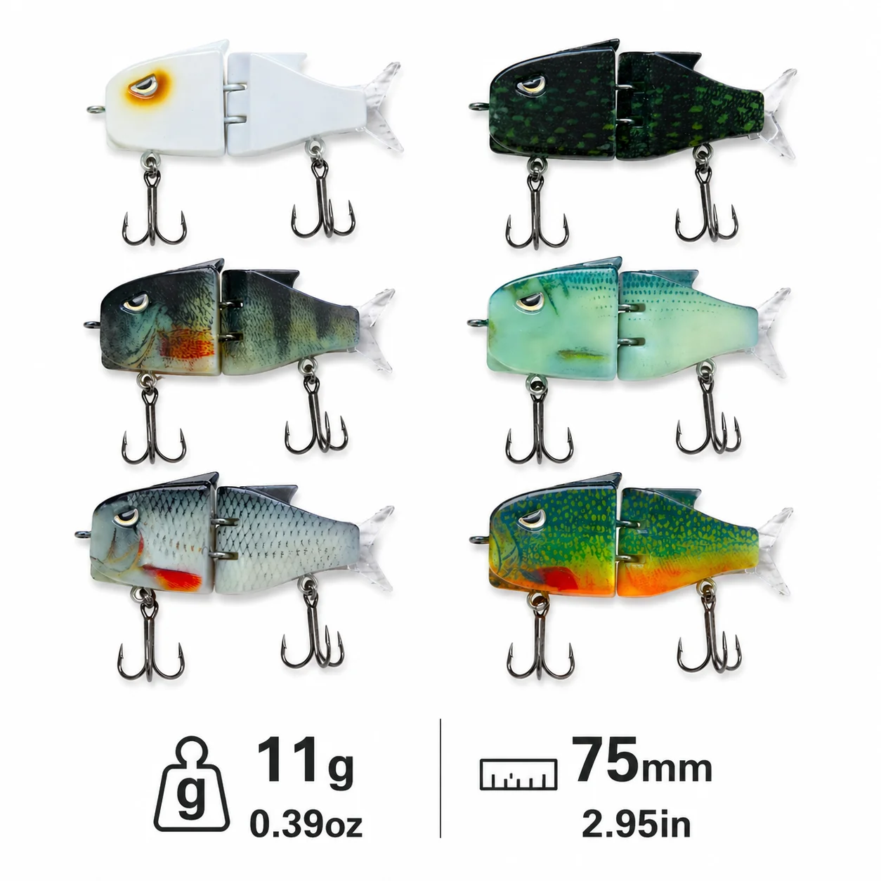 Fishing Swimbait Lure 11g/75mm 2-Piece Hard Bait with Treble Hooks Lifelike Pattern Sinking Bait for Freshwater & Saltwater Angl