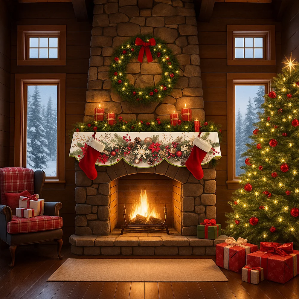 VIKAMA Traditional Christmas Fireplace Mantel Scarf Pine Cone Poinsettia Snowflake Mantel Topper Xmas Home Fireplace Decor