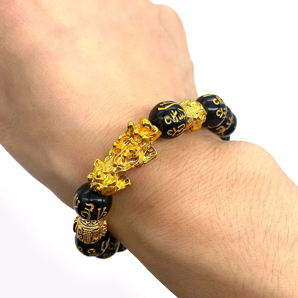 Fengshui Pixiu Bracelet Electroplat Gold-color Acrylic Bead Inscription Lucky Wealth Jewelry Natural Imitation Obsidian Bracelet