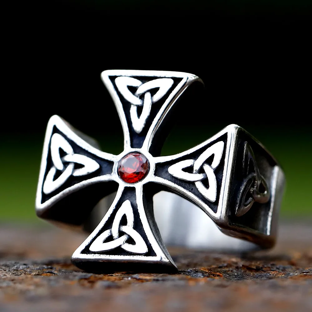 2023 New Fashion Stainless Steel Ring Viking Odin Trinity Celtic knot with red zircon Fashion Jewelry for Gift Dropshipping