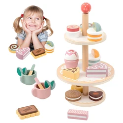 Tea Party Set Dessert Stand Playset ,Wooden Toys Pretend Play Food Kitchen Accessories for Toddler Tea Set Birthday Gift