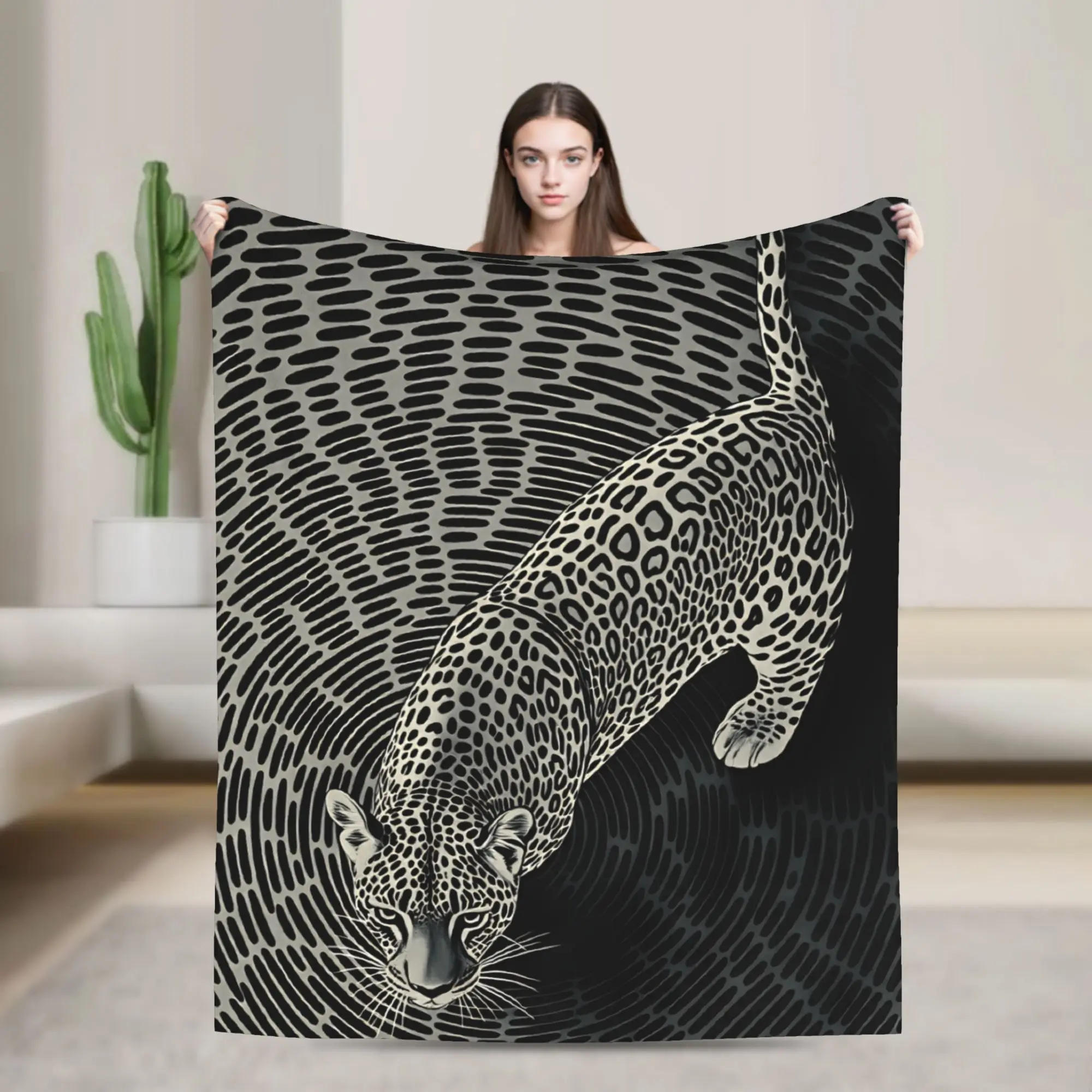 Black White Jaguar On Tunnel Oval Lines Background Blanket Soft  Throw Blanket Winter Adults Girls Living Room Travel Bedspread