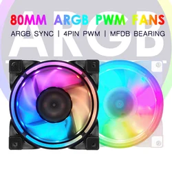 JUMPEAK 컴퓨터 케이스 선풍기 마그네틱 베어링 ARGB 싱크 4 핀 PWM 8cm PC 냉각 시스템 CPU 라디에이터 쿨러 RGB 선풍기, 8025 80mm