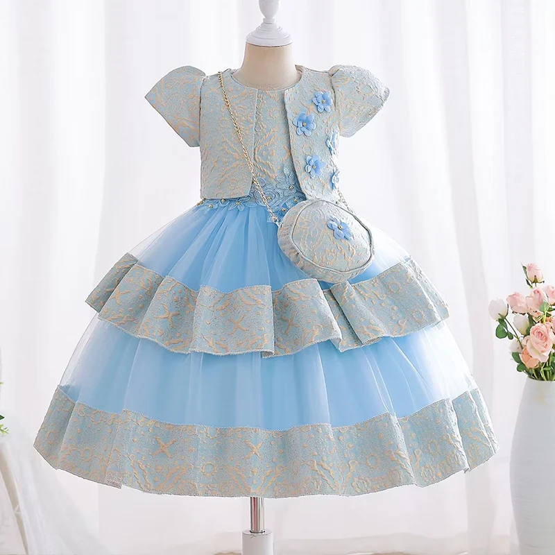 Girls Elegant Gold Silk Embroidery Pattern Tulle Dress Girls Birthday Party Campus Prom Long Sleeve Evening Dress 3-Piece Set