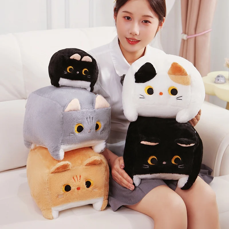 Cute Soft Square Cat Plush Toy Lovely Black Cat Pillow Little Kitten Animal Plush Doll Kawaii Home Decoration Birthday Gift