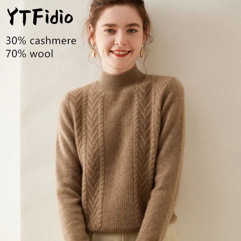 YTFidio-Suéter de lã merino feminino, pescoço simulado, macacões em V, malhas monocromáticas, pulôver casual, tops de manga comprida, 122