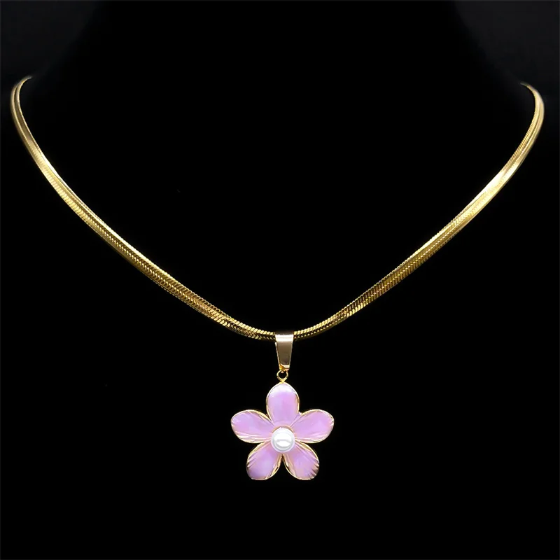 Korean Fashion Rosa Sakura Emaille Blume Perle Halskette Halsband für Frauen Edelstahl Gold Farbe Halsketten Schmuck NZZZ407S04 – Detail 8
