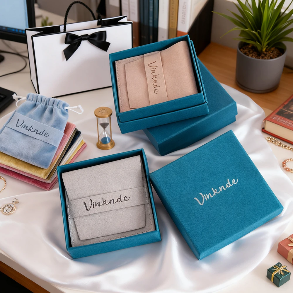 

Custom Blue Cardboard Package Paper Jewelry Box with Spange Velvet Microfiber Pouch Jewellry Container Earrings Ring Storage Bag