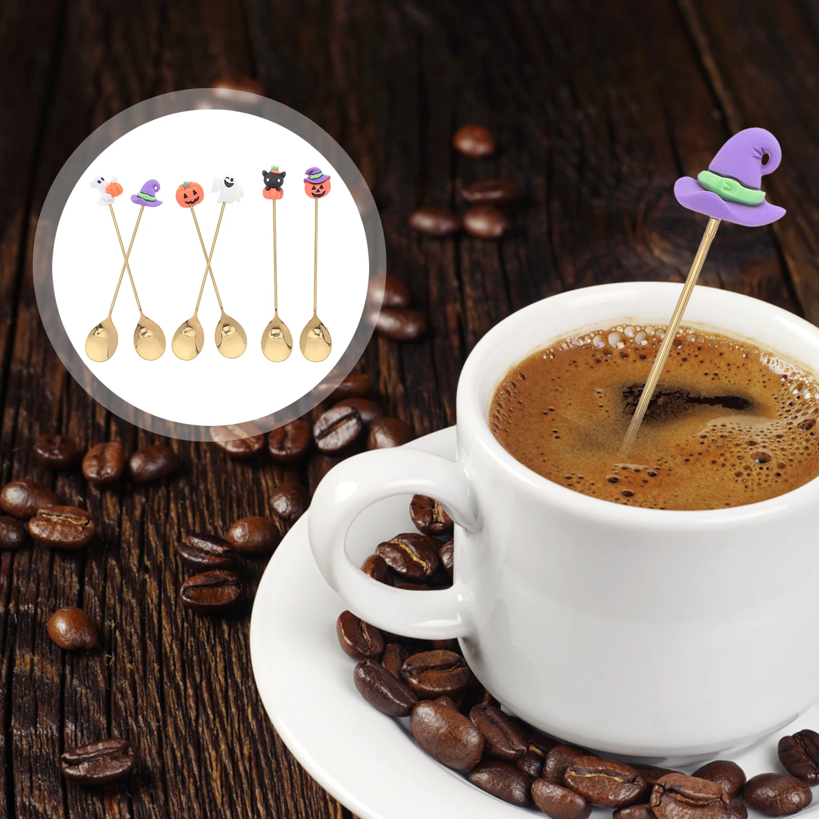 

6Pcs Stainless Steel Dessert Spoons Halloween Style Multipurpose Cake Spoons Comfortable Grip Smooth Head Scratch Resistant